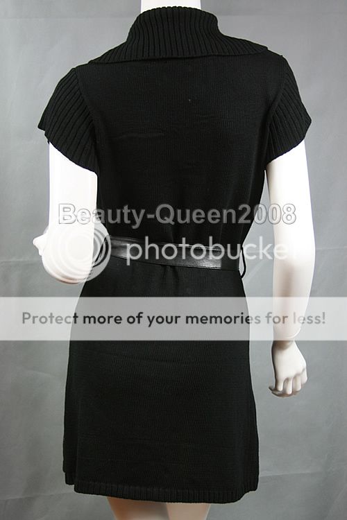  Womens Faux Leather Trimmed Cardigan Belt Sweater Shirt Dress Black 